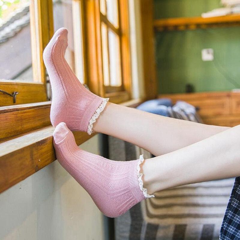 Candy High Quality Lace Solid Color Cute Sweet Girl Fashion Socks Pure Cotton Wood Ear Light Mouth Cotton Novelty Socks Unisex Crew Socks For Men And Women