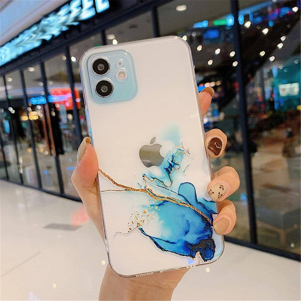 Clear Watercolor Marble Texture Phone Case For iPhone 11 Pro Max 11 Mini X XR XS Max 7 8 6s Plus Soft Back Cover Gold-Plated Silicone Mobile Phone Case Bumper Scratch-Resistant Protective Case