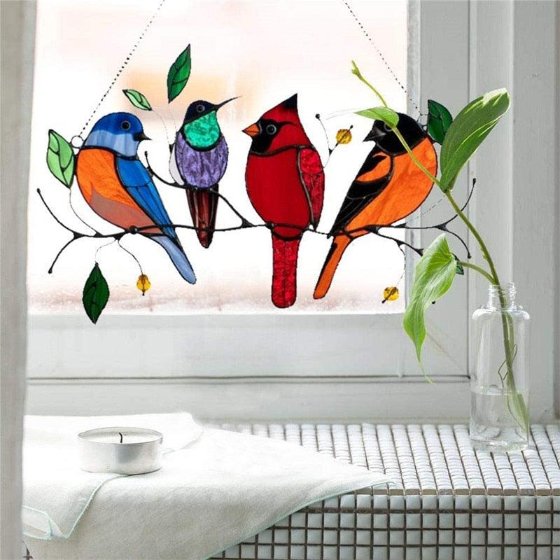 Colored Window Bird Pendant Wind Chime Metal Tropical Bird Hanging Decorations Hanging Sun Catcher Stained Bird Gifts For Bird Lovers Metal Humming Bird Decor For Patio Decor Door Crafts Home Accessories