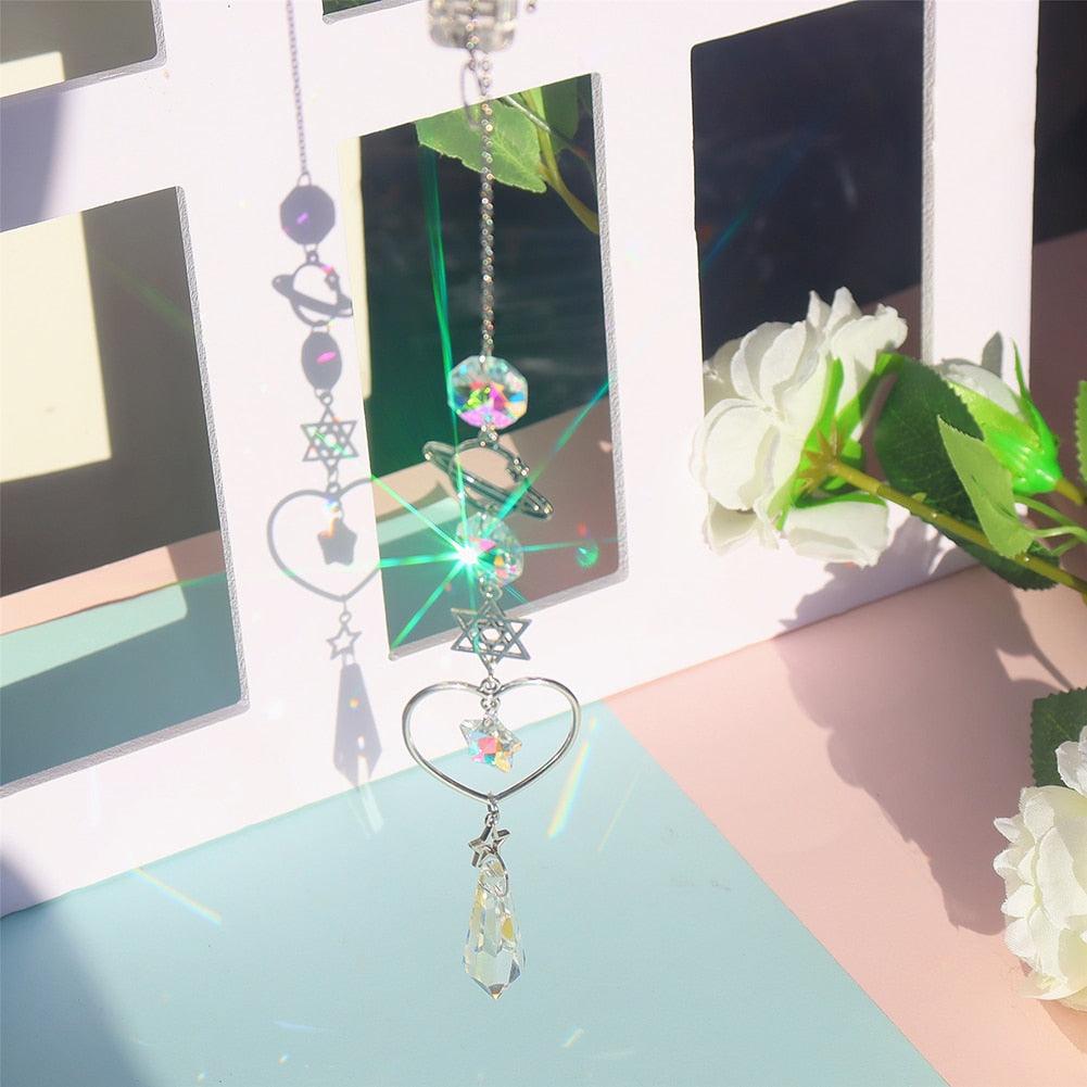 Colorful Crystals Star Sun Wind Chimes Hexagon Diamond Chandelier Lamps Light Pendant Crystals Glass Pendants Prisms Hanging Light Catcher Rainbow Make Window Curtains Home Room Decor  Hanging Ornament For Home Decoration
