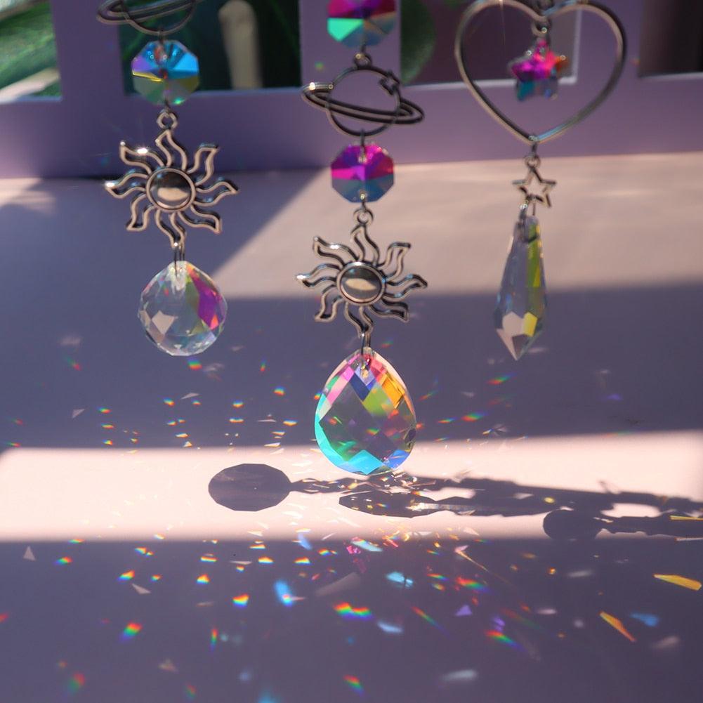 Colorful Crystals Star Sun Wind Chimes Hexagon Diamond Chandelier Lamps Light Pendant Crystals Glass Pendants Prisms Hanging Light Catcher Rainbow Make Window Curtains Home Room Decor  Hanging Ornament For Home Decoration