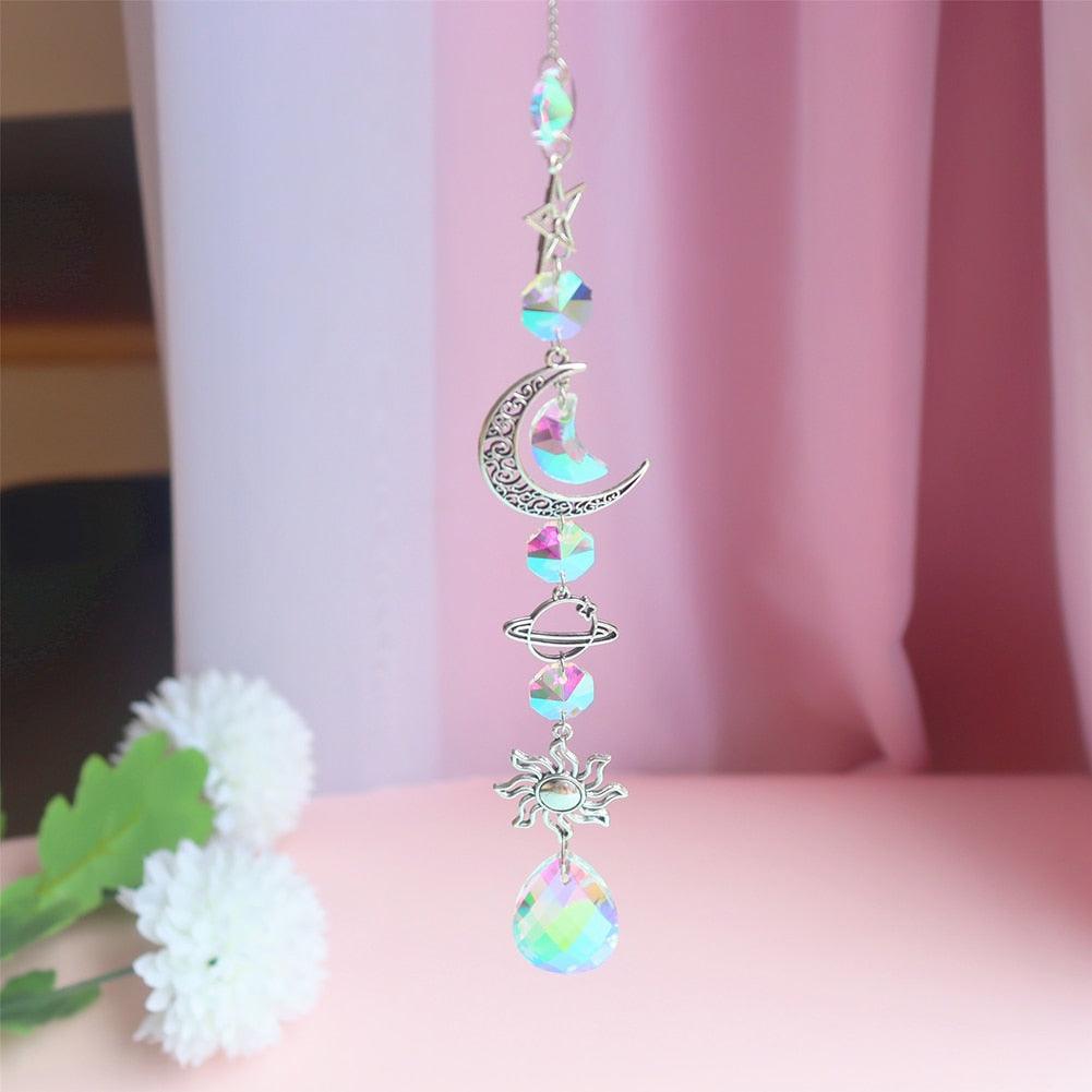 Colorful Crystals Star Sun Wind Chimes Hexagon Diamond Chandelier Lamps Light Pendant Crystals Glass Pendants Prisms Hanging Light Catcher Rainbow Make Window Curtains Home Room Decor  Hanging Ornament For Home Decoration
