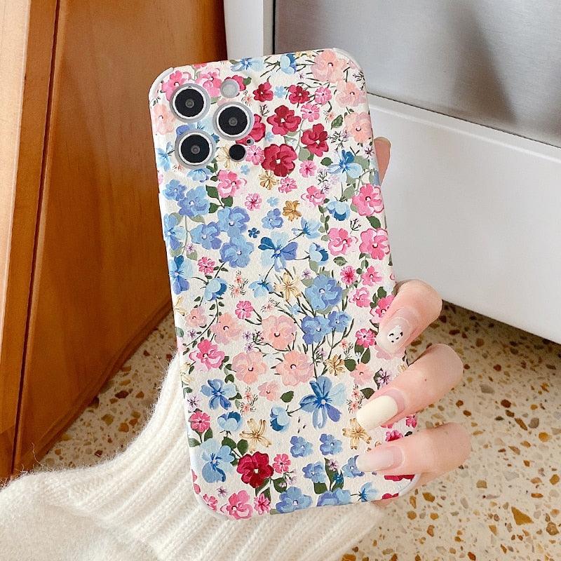 Colorful Flower Phone Cases For iPhone 12 13Pro Max XR X 11 Case For iPhone11 Cute Floral Soft Silicon Cover Silicone Shockproof Protective Bumper Cute Flower Pattern Design Phone Case for Girls Women