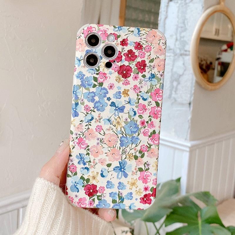 Colorful Flower Phone Cases For iPhone 12 13Pro Max XR X 11 Case For iPhone11 Cute Floral Soft Silicon Cover Silicone Shockproof Protective Bumper Cute Flower Pattern Design Phone Case for Girls Women