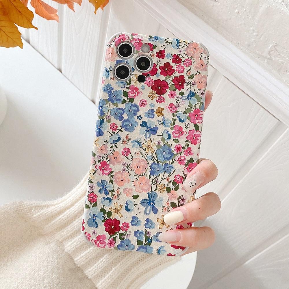 Colorful Flower Phone Cases For iPhone 12 13Pro Max XR X 11 Case For iPhone11 Cute Floral Soft Silicon Cover Silicone Shockproof Protective Bumper Cute Flower Pattern Design Phone Case for Girls Women