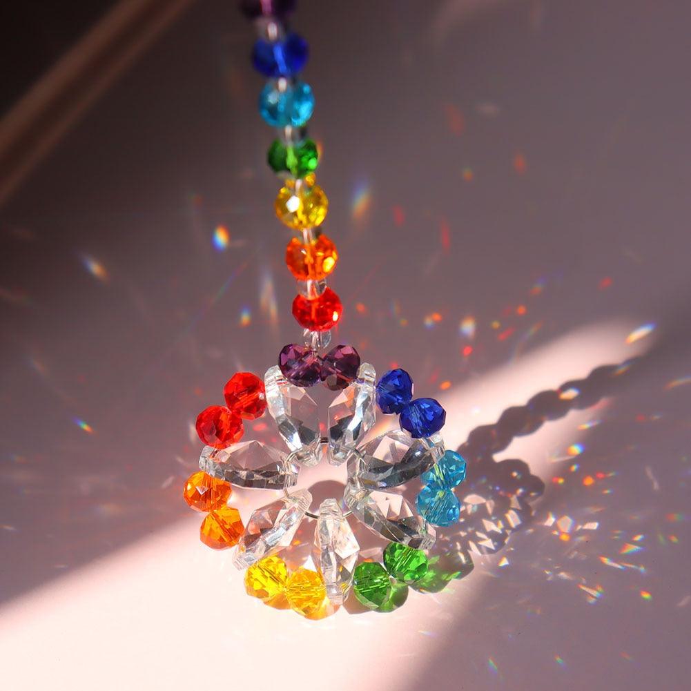 Colorful Window Sun-catcher & Wind Chimes Wreath Crystal Sunburst Hanging Prism Ornament Outdoor Celebration Gift Giving Thanks Giving Handmade Pendant For Home Garden Car Decor
