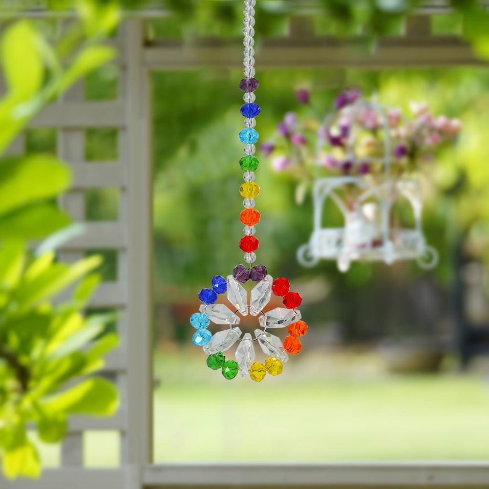Colorful Window Sun-catcher & Wind Chimes Wreath Crystal Sunburst Hanging Prism Ornament Outdoor Celebration Gift Giving Thanks Giving Handmade Pendant For Home Garden Car Decor