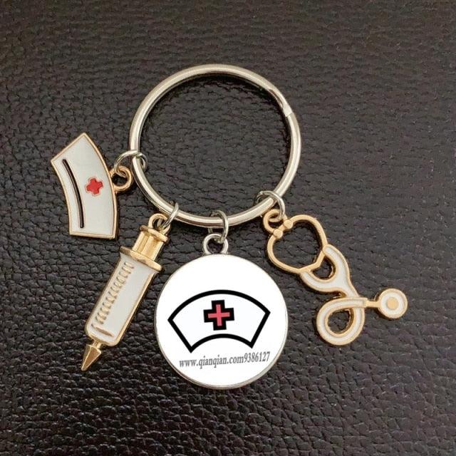 Creative Doctor Keychain Unique Personality Syringe Stethoscope Pendant Keychain Cartoon Colorful Handbag Pendant Keychain Doctor Injection Stethoscope Picture Keychain Round Dome Pendant Women Alloy Keychain