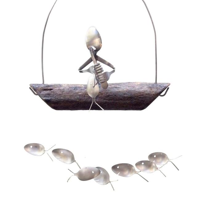 Creative Fishing Man Spoon Fish Sculptures Wind Chime Home Bedroom Painted Fish Mobile Tropical Fish Home Decor  Yard Garden Hanging Ornament Decoration