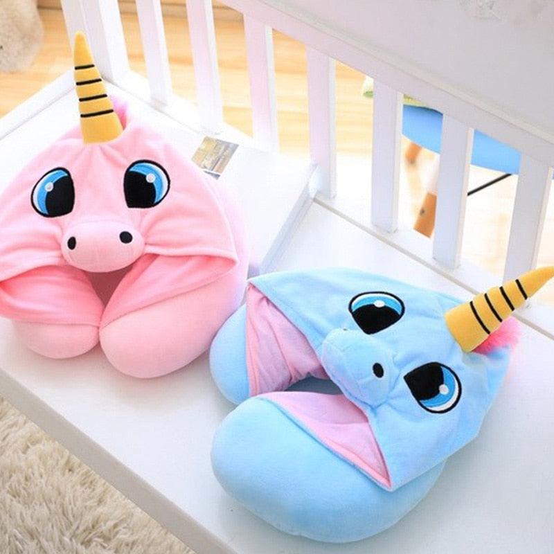 Cute Unicorn Hood Neck U Pillow Decorative Blue Pink Soft Office Nap Cushion Cute Cartoon Doll Plush Toy Gift for Children Kid Unicorn Hooded Animal Travel Neck Pillow Polyester Neck Pillow Support Cushion Unicorn Hoodie Funny Gifts for Children Women