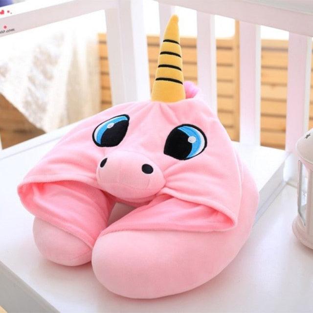 Cute Unicorn Hood Neck U Pillow Decorative Blue Pink Soft Office Nap Cushion Cute Cartoon Doll Plush Toy Gift for Children Kid Unicorn Hooded Animal Travel Neck Pillow Polyester Neck Pillow Support Cushion Unicorn Hoodie Funny Gifts for Children Women