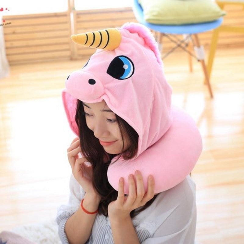 Cute Unicorn Hood Neck U Pillow Decorative Blue Pink Soft Office Nap Cushion Cute Cartoon Doll Plush Toy Gift for Children Kid Unicorn Hooded Animal Travel Neck Pillow Polyester Neck Pillow Support Cushion Unicorn Hoodie Funny Gifts for Children Women