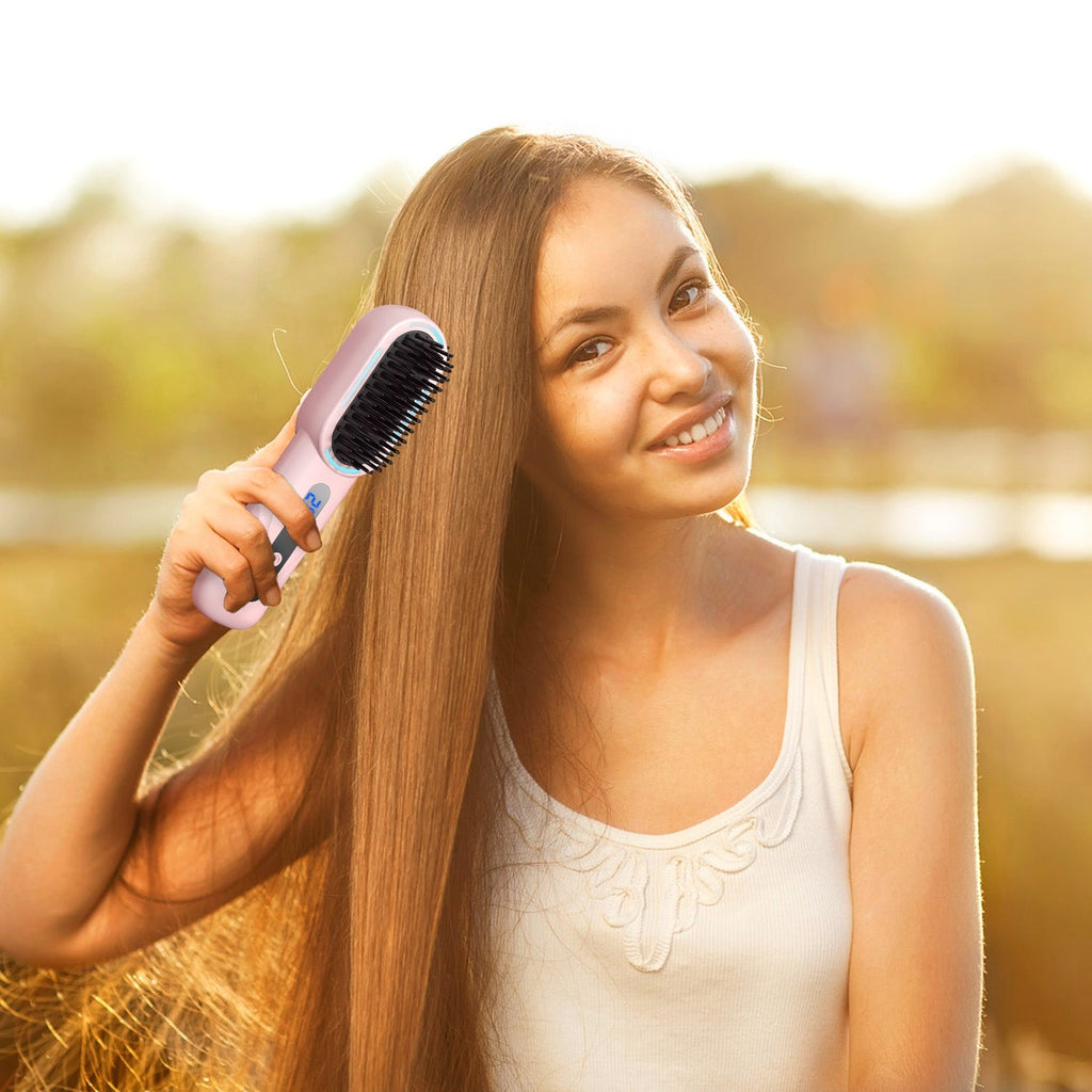 Cordless Hair Straightener Brush Rechargeable Mini Styling Comb with 4 Heating Levels Blue Light Sterilization Single press Stray Hair Removal 20Mins