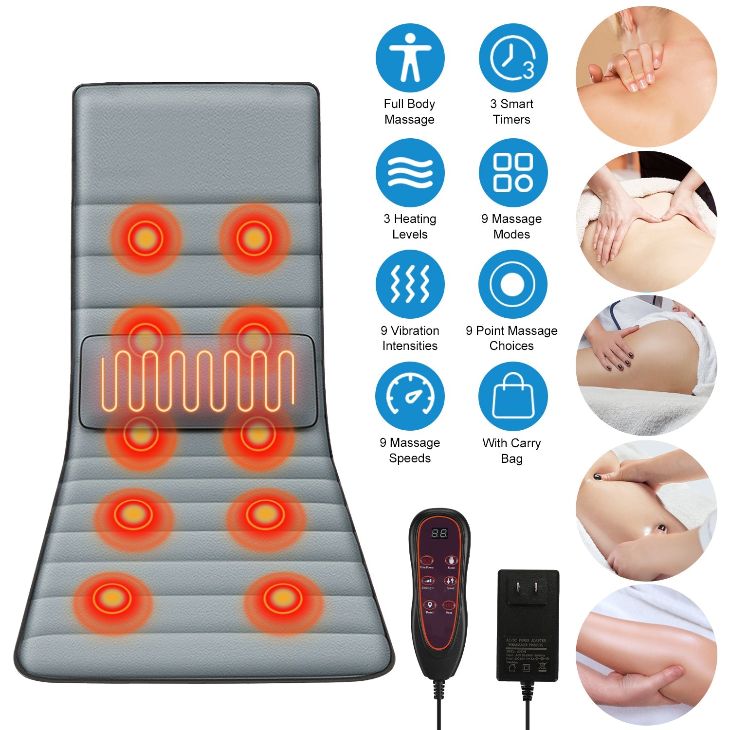 Full Body Electric Massage Mat with Heat Vibration Massage Pad Cushion Back Massage Mattress Chair Pad with Inflatable Head Pillow Lumbar Pillow with