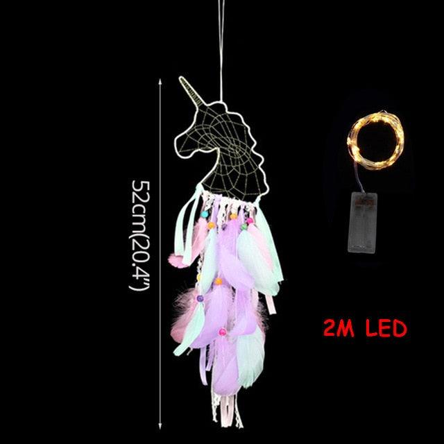 Dream Catcher with Lights Unicorn Party Supplies Hanging Ornament Unicorn Feather Handmade Catchers Craft Gift Home Decorations Girls Bedroom Wall Decor Colorful Wall Hanging Decorations For Baby Room Theme Birthday Wedding Party