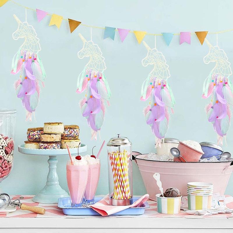 Dream Catcher with Lights Unicorn Party Supplies Hanging Ornament Unicorn Feather Handmade Catchers Craft Gift Home Decorations Girls Bedroom Wall Decor Colorful Wall Hanging Decorations For Baby Room Theme Birthday Wedding Party