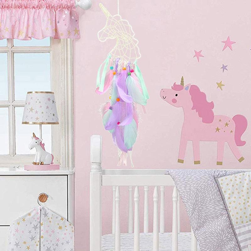 Dream Catcher with Lights Unicorn Party Supplies Hanging Ornament Unicorn Feather Handmade Catchers Craft Gift Home Decorations Girls Bedroom Wall Decor Colorful Wall Hanging Decorations For Baby Room Theme Birthday Wedding Party