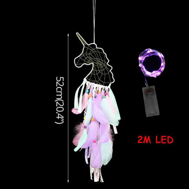 Dream Catcher with Lights Unicorn Party Supplies Hanging Ornament Unicorn Feather Handmade Catchers Craft Gift Home Decorations Girls Bedroom Wall Decor Colorful Wall Hanging Decorations For Baby Room Theme Birthday Wedding Party