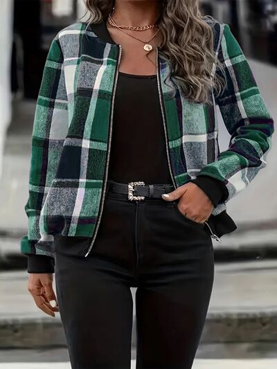 Plus Vintage Size Plaid Baseball Collar Zip-Up Jacket Trendy & Comfortable Outerwear for Any Occasion