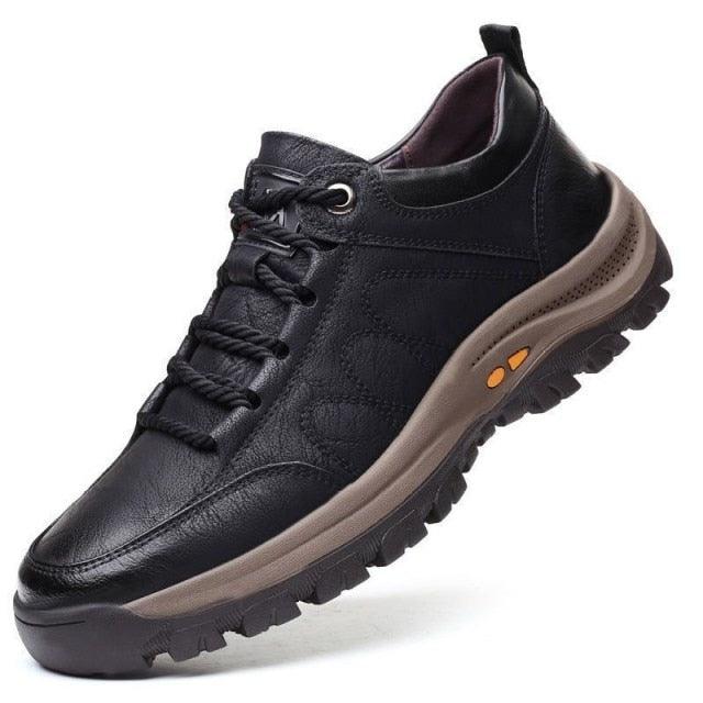 Elegant Black Leather Mens Business Boots Platform Winter Sneakers Without Lace Safety Shoe Quick-Drying Tactical Shoe Comfortable Sneaker Hiker Lightweight Ankle Motorcycle Mountain Running Short Boot