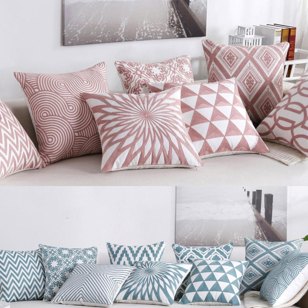Embroidered Geometric Pillow Cover 100% Cotton Woolen Cushion Cover Modern Nordic Style Pink Blue Pillow Cover For Home Decor Embroidery Cushion Cover Decorative Throw Pillow Cover Geometric Invisible Pillow Cover for Living Room 45X45CM