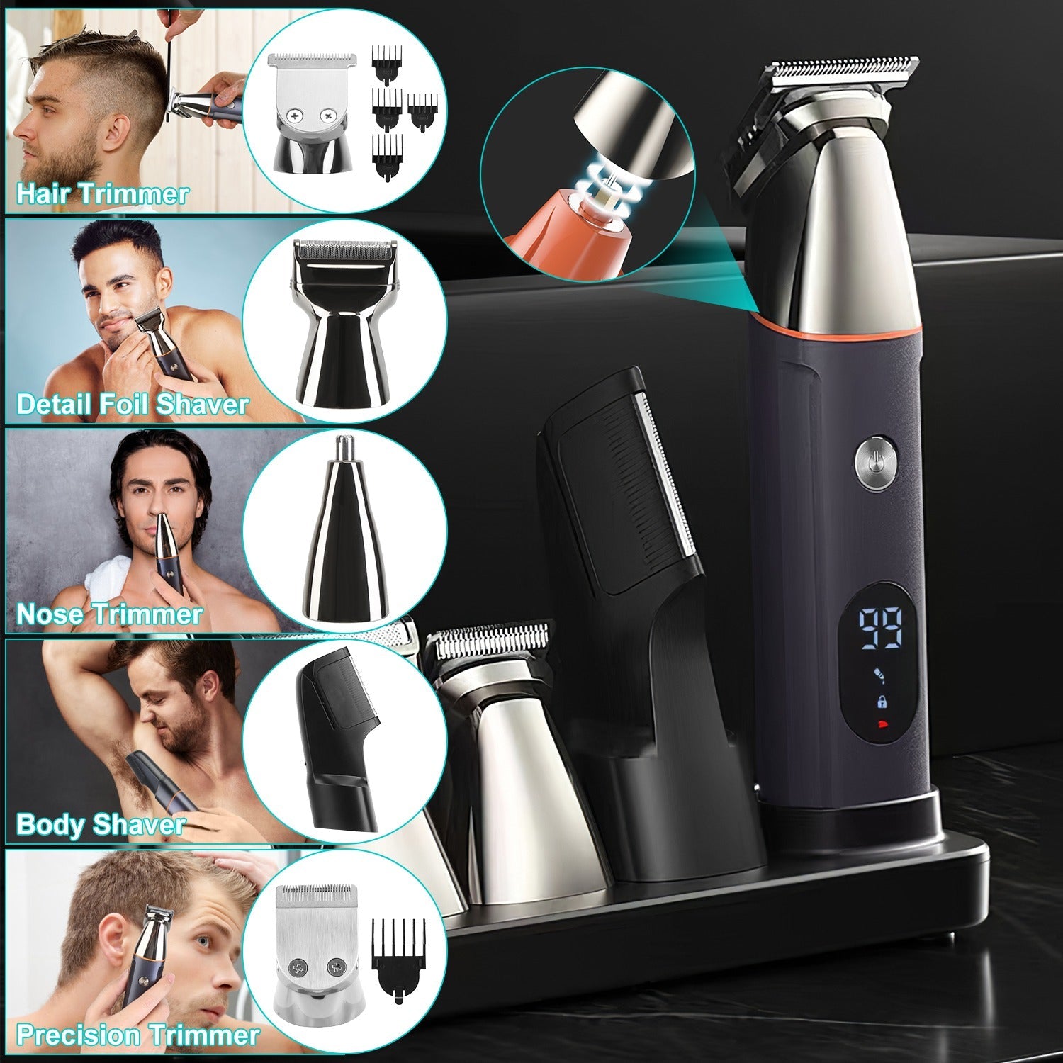 All In One Beard Trimmer for Men With 5 Trimmer Heads IPX5 Waterproof Electric Razor For Face Nose Body Beard Cordless Hair Shaver Clipper Grooming Ki