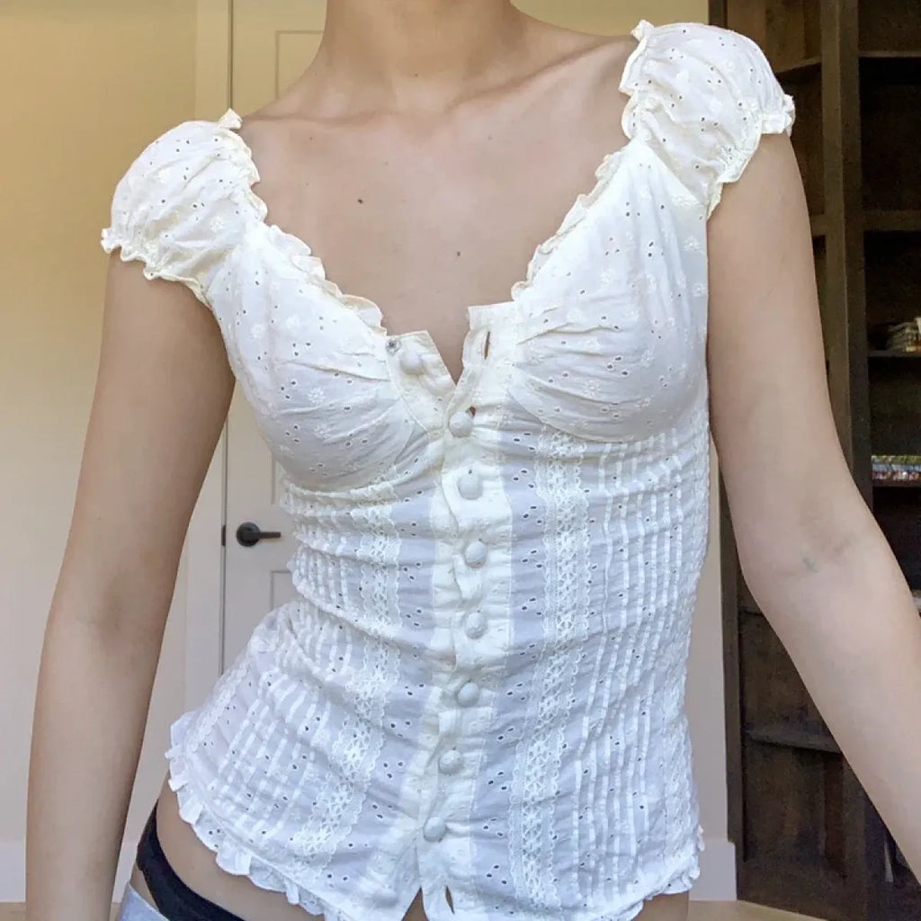 90s Vintage Button-Up Crop Top – Fairy Grunge Y2K Aesthetic White Frill Tee