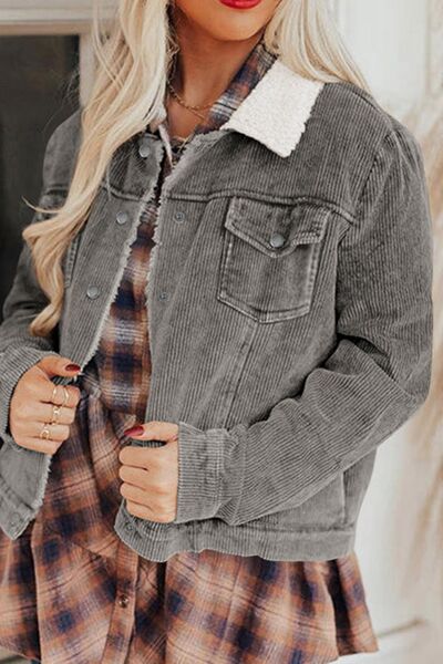 Vintage Women Winter Corduroy Snap Down Jacket With Collared Neck and Plush Lining