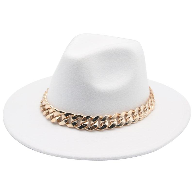 Fedora Hats for Women Men Wide Brim Thick Gold Chain Metal Chain Buckle Fedora Hat Classic Wide Brim Floppy Hat Warm Vintage Cap Winter Autumn Lightweight Luxury Hat