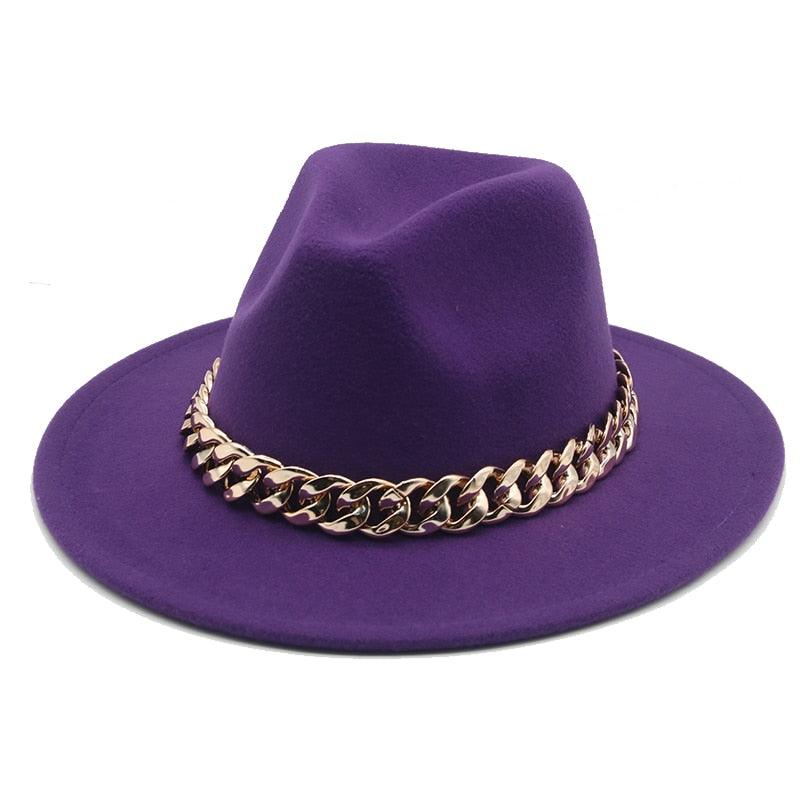 Fedora Hats for Women Men Wide Brim Thick Gold Chain Metal Chain Buckle Fedora Hat Classic Wide Brim Floppy Hat Warm Vintage Cap Winter Autumn Lightweight Luxury Hat