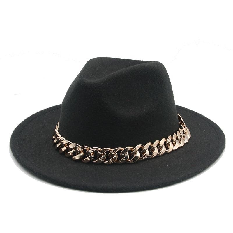 Fedora Hats for Women Men Wide Brim Thick Gold Chain Metal Chain Buckle Fedora Hat Classic Wide Brim Floppy Hat Warm Vintage Cap Winter Autumn Lightweight Luxury Hat