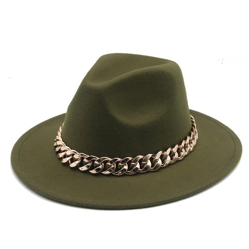 Fedora Hats for Women Men Wide Brim Thick Gold Chain Metal Chain Buckle Fedora Hat Classic Wide Brim Floppy Hat Warm Vintage Cap Winter Autumn Lightweight Luxury Hat