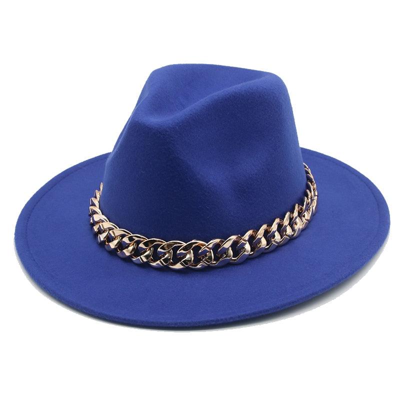 Fedora Hats for Women Men Wide Brim Thick Gold Chain Metal Chain Buckle Fedora Hat Classic Wide Brim Floppy Hat Warm Vintage Cap Winter Autumn Lightweight Luxury Hat