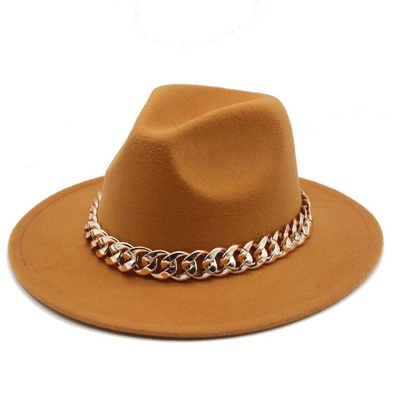 Fedora Hats for Women Men Wide Brim Thick Gold Chain Metal Chain Buckle Fedora Hat Classic Wide Brim Floppy Hat Warm Vintage Cap Winter Autumn Lightweight Luxury Hat