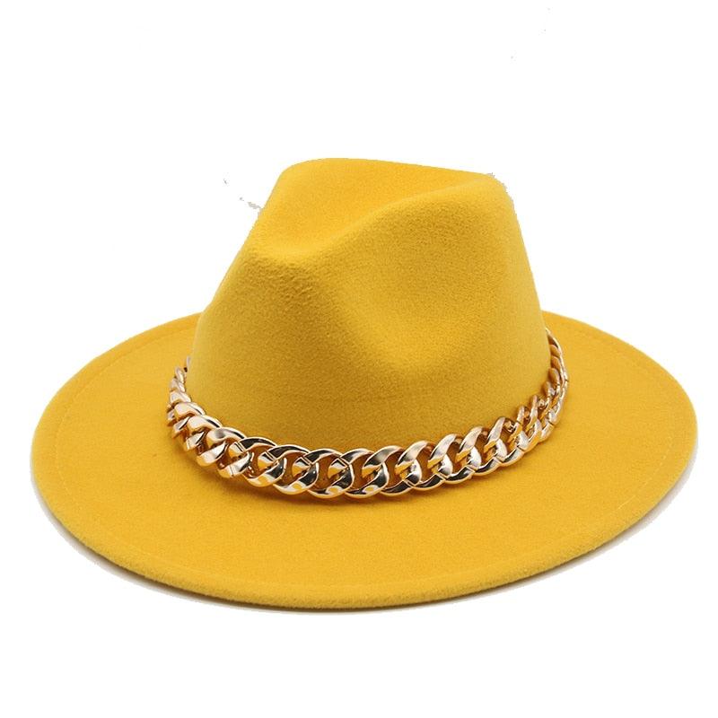 Fedora Hats for Women Men Wide Brim Thick Gold Chain Metal Chain Buckle Fedora Hat Classic Wide Brim Floppy Hat Warm Vintage Cap Winter Autumn Lightweight Luxury Hat