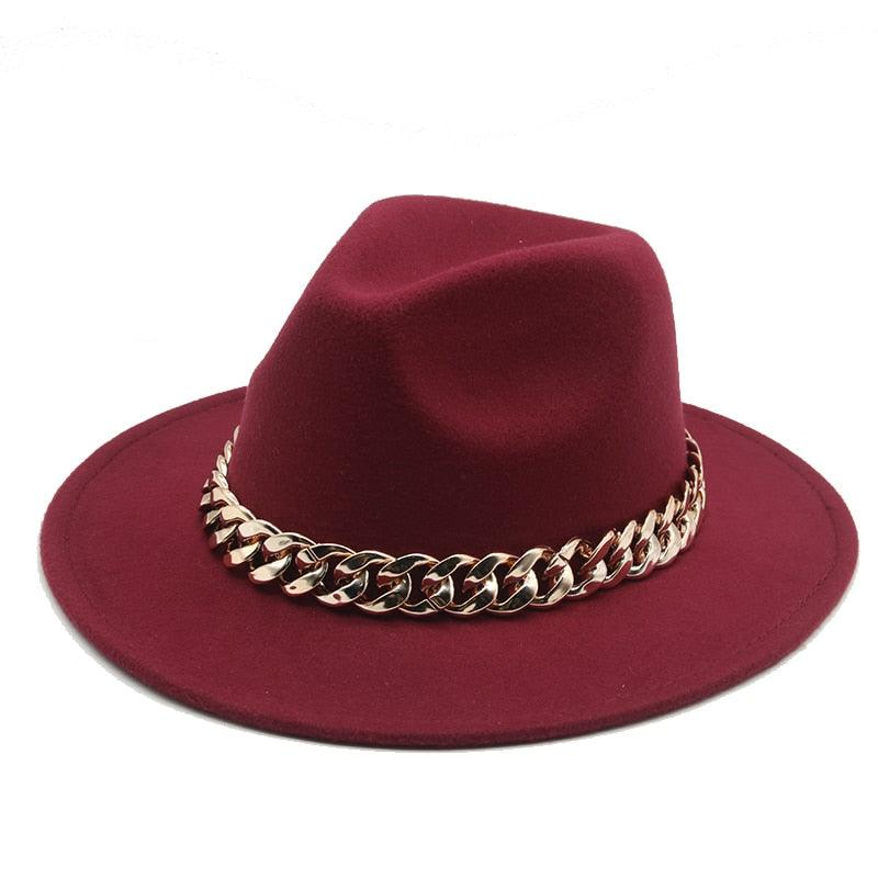 Fedora Hats for Women Men Wide Brim Thick Gold Chain Metal Chain Buckle Fedora Hat Classic Wide Brim Floppy Hat Warm Vintage Cap Winter Autumn Lightweight Luxury Hat