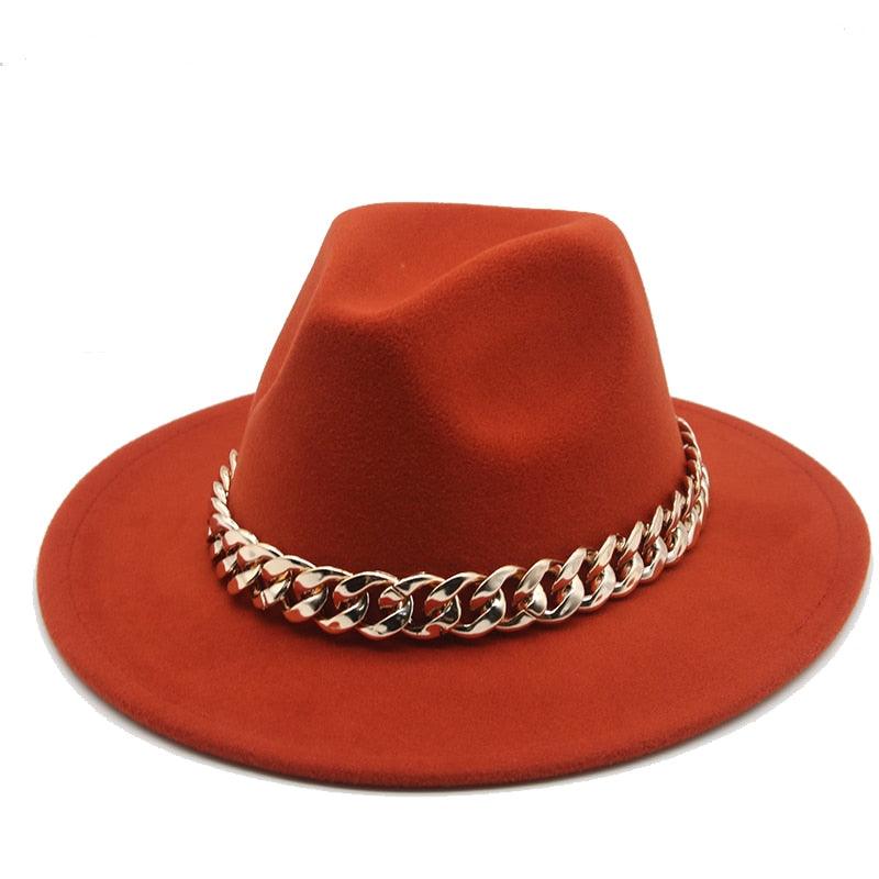 Fedora Hats for Women Men Wide Brim Thick Gold Chain Metal Chain Buckle Fedora Hat Classic Wide Brim Floppy Hat Warm Vintage Cap Winter Autumn Lightweight Luxury Hat