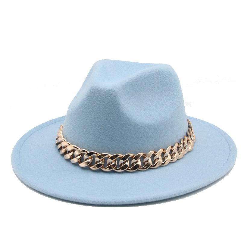 Fedora Hats for Women Men Wide Brim Thick Gold Chain Metal Chain Buckle Fedora Hat Classic Wide Brim Floppy Hat Warm Vintage Cap Winter Autumn Lightweight Luxury Hat