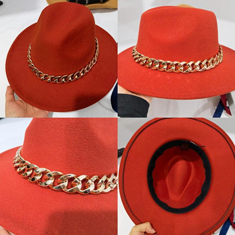Fedora Hats for Women Men Wide Brim Thick Gold Chain Metal Chain Buckle Fedora Hat Classic Wide Brim Floppy Hat Warm Vintage Cap Winter Autumn Lightweight Luxury Hat