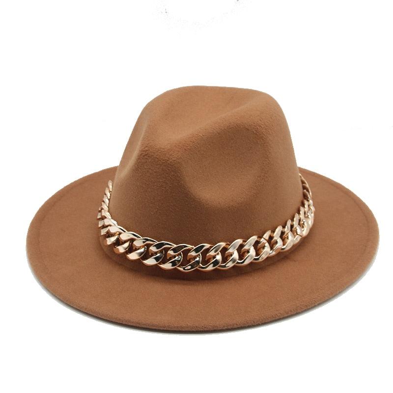 Fedora Hats for Women Men Wide Brim Thick Gold Chain Metal Chain Buckle Fedora Hat Classic Wide Brim Floppy Hat Warm Vintage Cap Winter Autumn Lightweight Luxury Hat