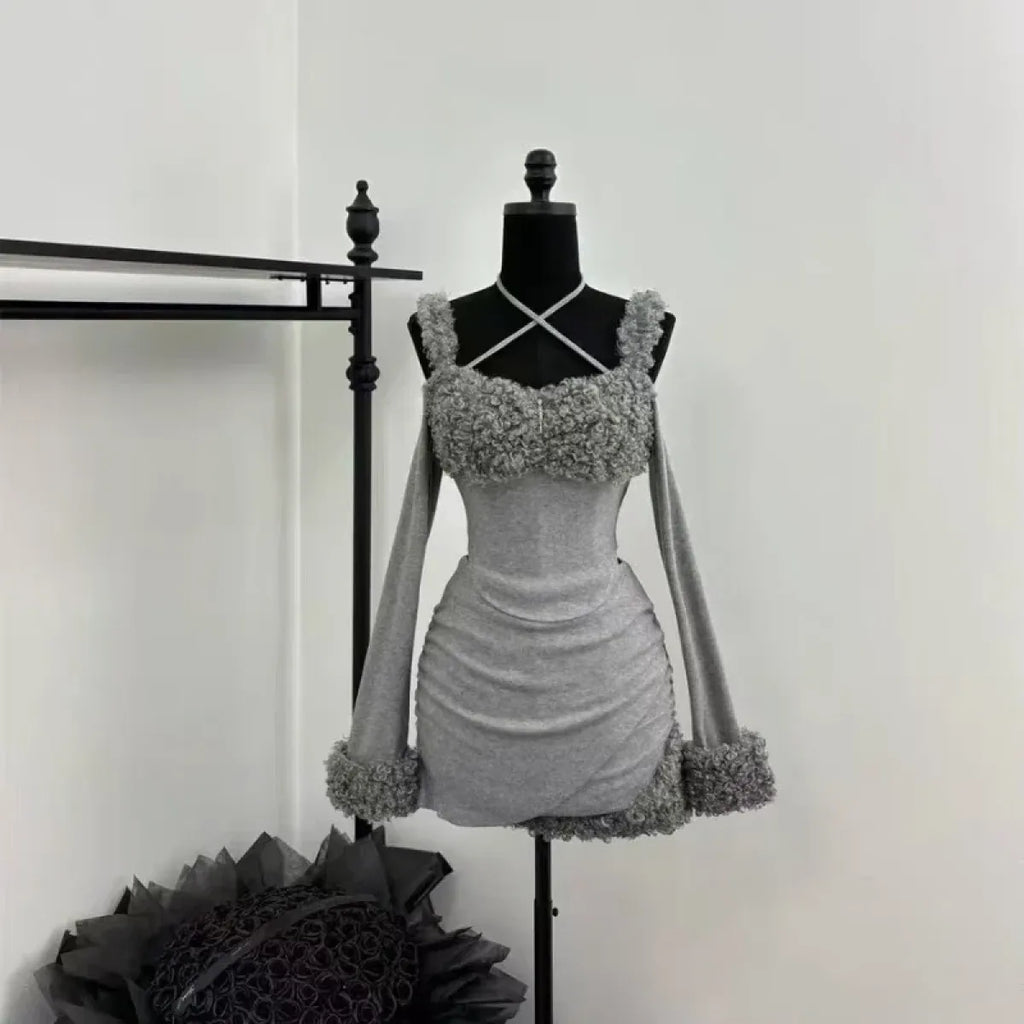 Furry Patchwork Halter Top & Ruched Skirt – Y2K Grunge