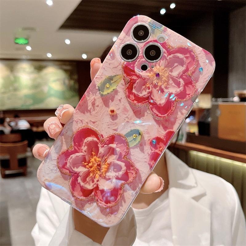Gorgeous 3D Glitter Flower Silicone Phone Case For iPhone 14 13 Pro Max Colorful Soft Cover Cute Flower Phone Case for Women Girls Multicolored Soft Shockproof Case