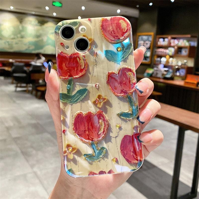 Gorgeous 3D Glitter Flower Silicone Phone Case For iPhone 14 13 Pro Max Colorful Soft Cover Cute Flower Phone Case for Women Girls Multicolored Soft Shockproof Case
