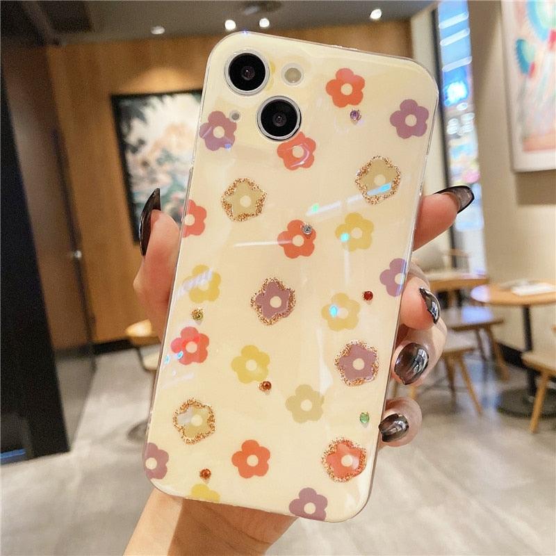 Gorgeous 3D Glitter Flower Silicone Phone Case For iPhone 14 13 Pro Max Colorful Soft Cover Cute Flower Phone Case for Women Girls Multicolored Soft Shockproof Case