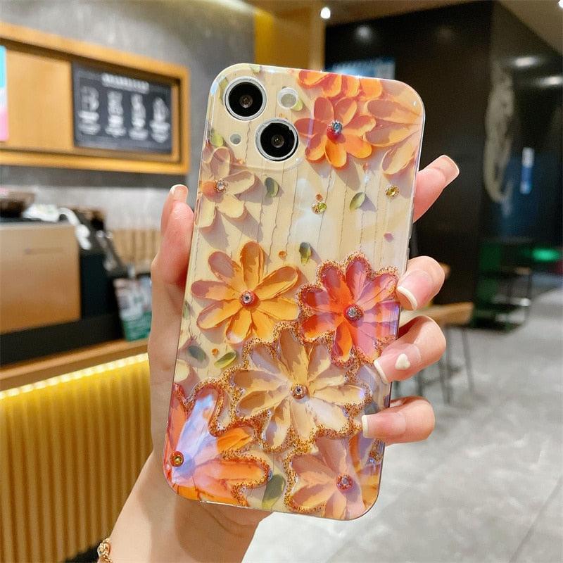 Gorgeous 3D Glitter Flower Silicone Phone Case For iPhone 14 13 Pro Max Colorful Soft Cover Cute Flower Phone Case for Women Girls Multicolored Soft Shockproof Case