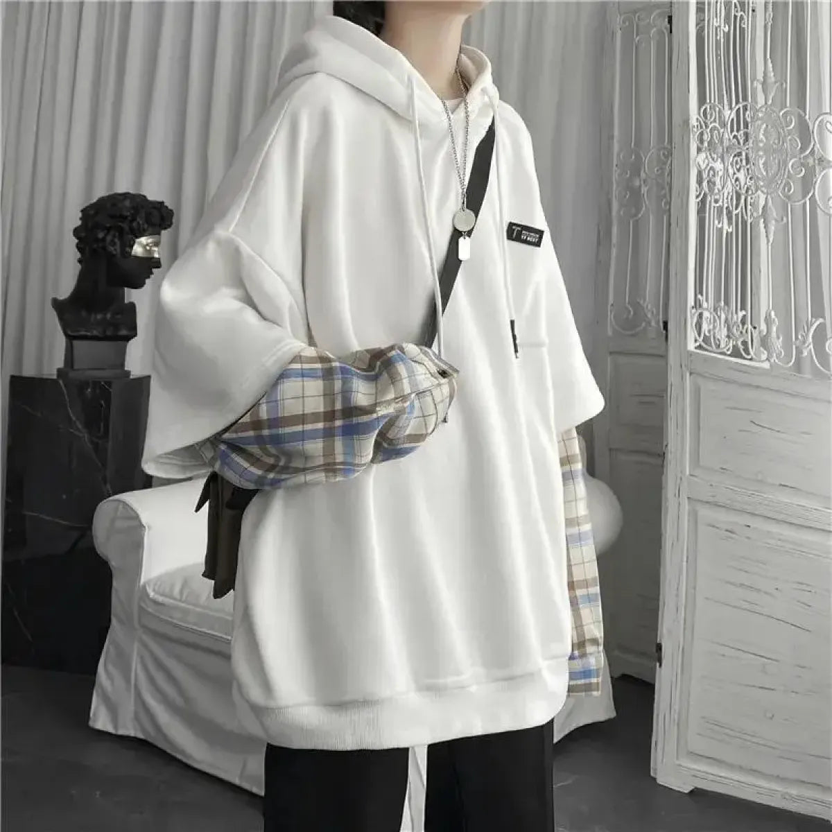 Harajuku Oversized Unisex Hoodie – Plaid Patchwork Grunge Style
