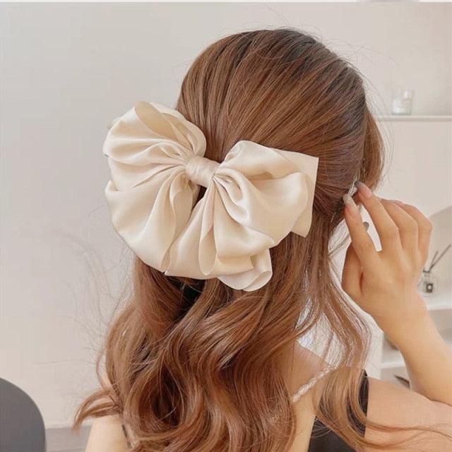High Quatity Solid Color Big Bow Hairpins For Girl Popular Hair Clip For Women Sweet Two-layer Satin Hairgrip Gorgeous Hair Accessories For Women