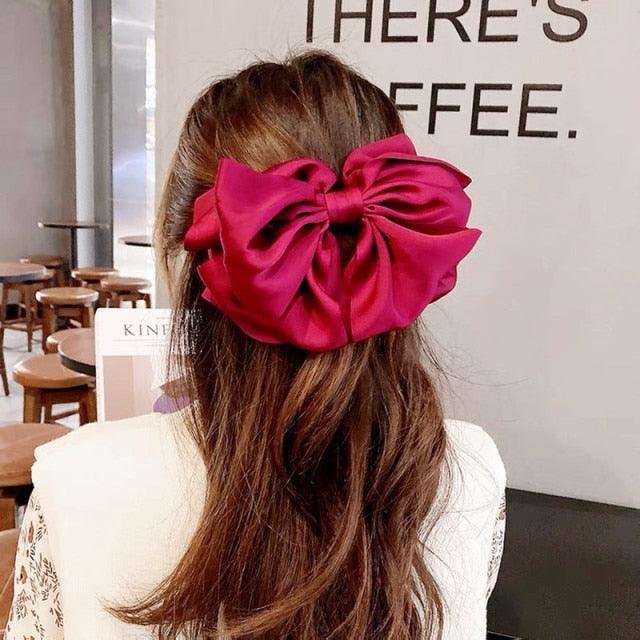 High Quatity Solid Color Big Bow Hairpins For Girl Popular Hair Clip For Women Sweet Two-layer Satin Hairgrip Gorgeous Hair Accessories For Women