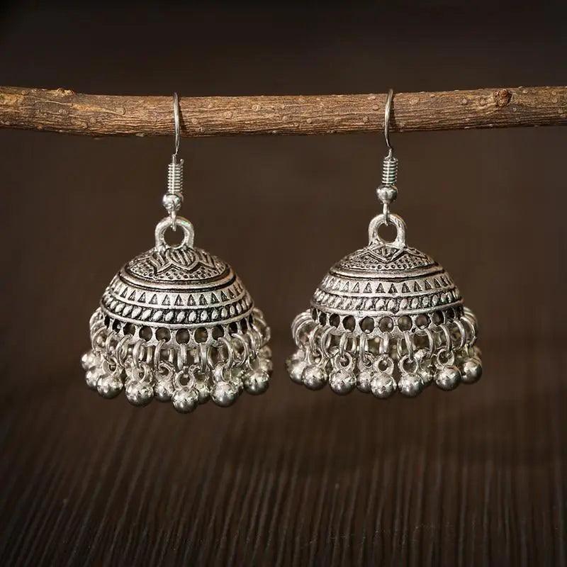 Indian Jhumka Jhumki Ethnic Dangle Earring Sets for Women Vintage Silver Gold Long Tassel Bell Drop Earrings Boho Jewelry Ethnic Silver Color Dangle Earrings For Women Drop Tassel Earrings for Women Bohemian Party Gift