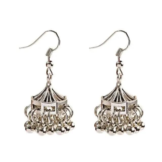 Indian Jhumka Jhumki Ethnic Dangle Earring Sets for Women Vintage Silver Gold Long Tassel Bell Drop Earrings Boho Jewelry Ethnic Silver Color Dangle Earrings For Women Drop Tassel Earrings for Women Bohemian Party Gift